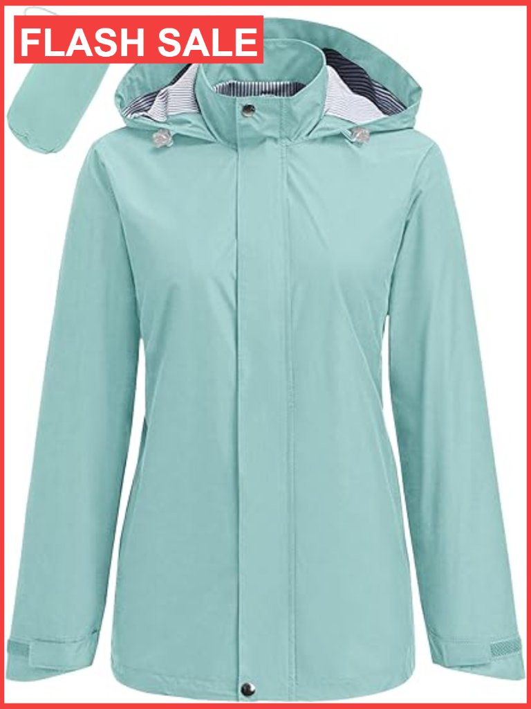 Waterproof Raincoat Lightweight Packable Striped Lined Jacket Travel Outdoor